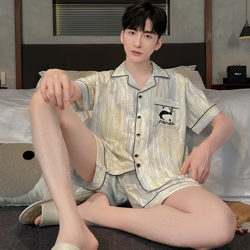 怀尔蔚 简约休闲透气亲肤翻领开衫短袖上衣舒适可外穿短裤睡衣套装 男款 杏色