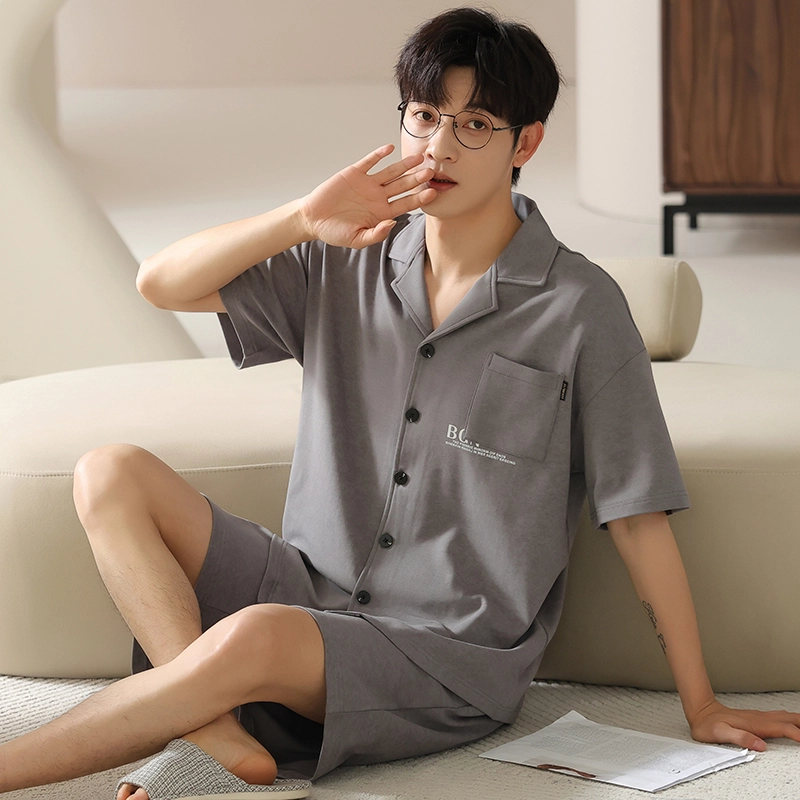 怀尔蔚 翻领纯色短袖上衣家居服可外穿舒适五分裤睡衣套装 男款 图片色