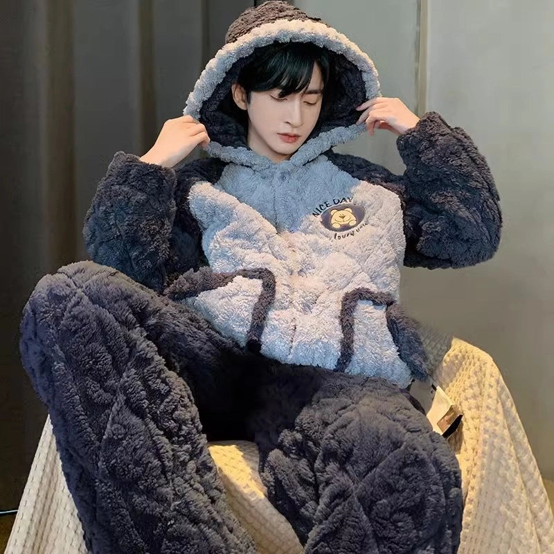怀尔蔚 珊瑚绒加绒三层夹棉简约休闲超厚保暖可外穿家居服睡衣套装 男款