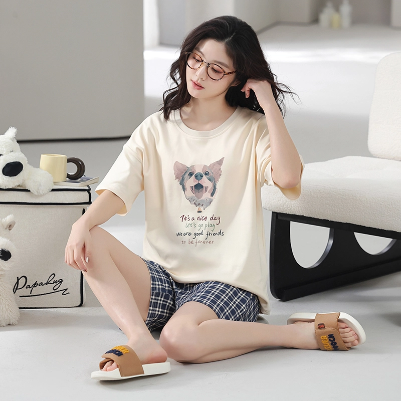 怀尔蔚 可外穿舒适薄款短袖上衣家居服格子三分裤睡衣套装 女款 图片色