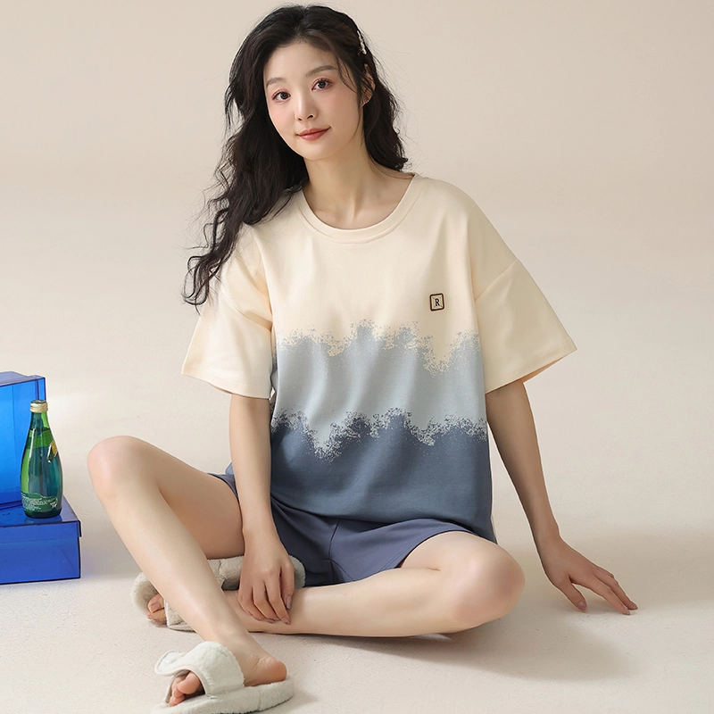 怀尔蔚 渐变撞色印花休闲短袖薄款透气亲肤短裤睡衣套装 女款 图色