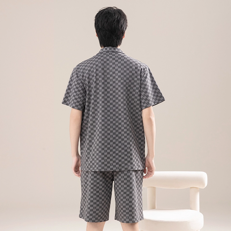 怀尔蔚 舒适翻领格子短袖上衣可外穿家居服五分裤睡衣套装 男款 图片色