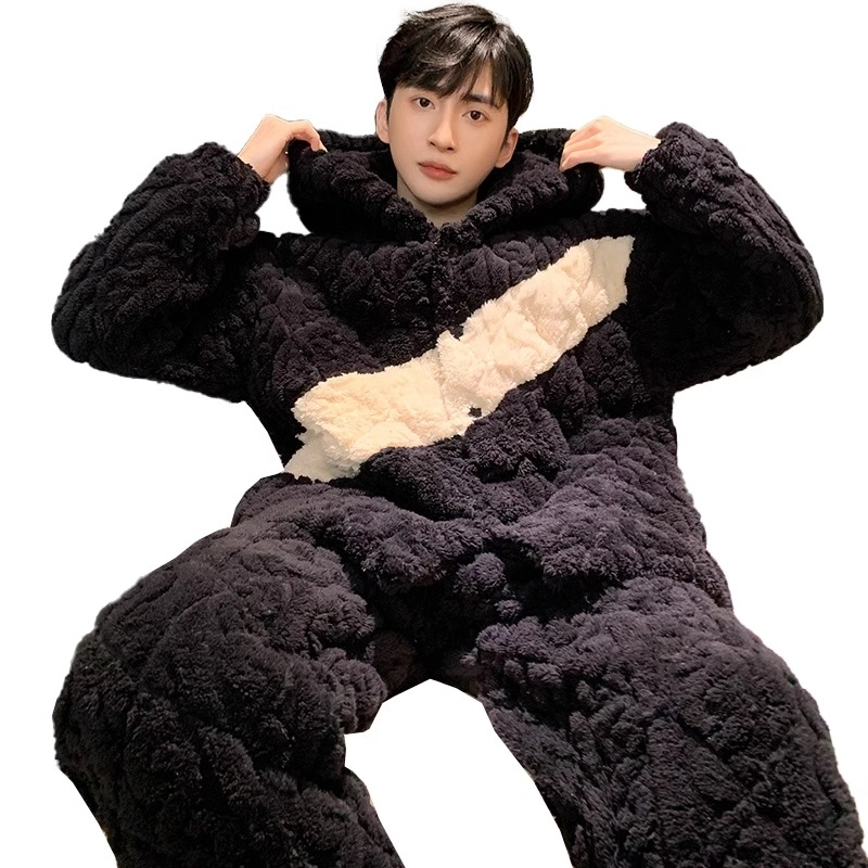 怀尔蔚 男士加厚珊瑚绒夹棉家居服可外穿保暖睡衣套装 男款 图片色