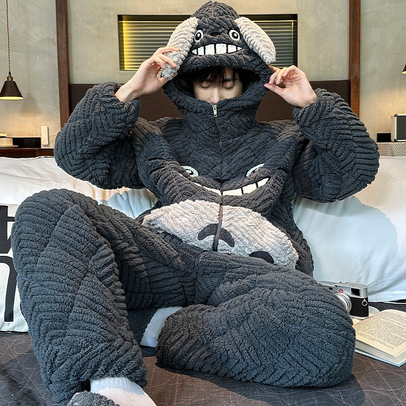 怀尔蔚 卡通连帽珊瑚绒加绒加厚三层夹棉保暖可外穿家居服睡衣套装 男款