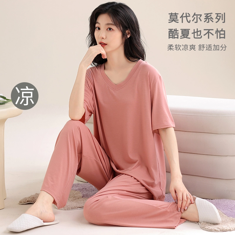 怀尔蔚 纯色舒适透气凉感短袖上衣家居服可外穿长裤睡衣套装 女款 图片色