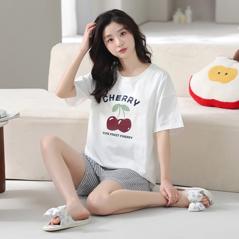 怀尔蔚 可外穿舒适短袖上衣家居服透气三分裤睡衣套装 女款 图片色