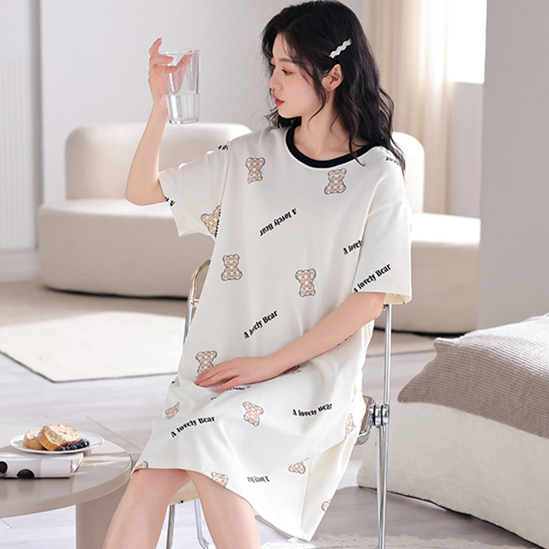 怀尔蔚 简约亲肤圆领套头休闲薄款透气可外穿短袖睡裙 女款 浅灰色