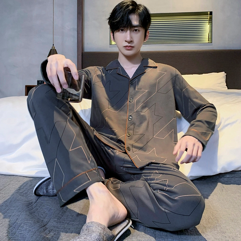 怀尔蔚 简约休闲舒适翻领单排扣睡衣套装 男款 灰色