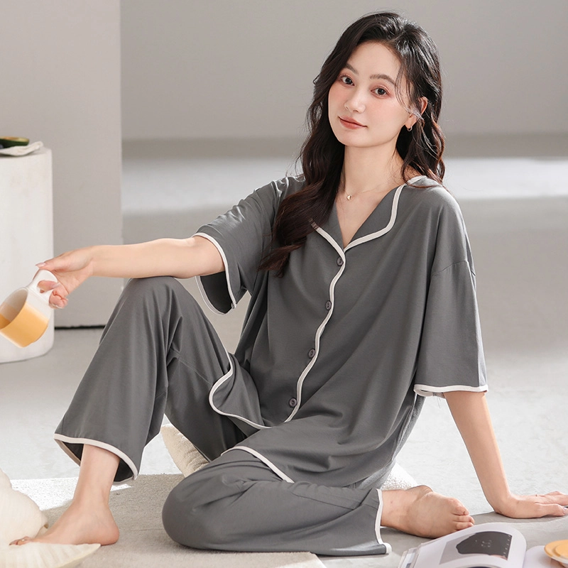 怀尔蔚 舒适纯色透气短袖长裤家居服可外穿睡衣套装 女款 图片色