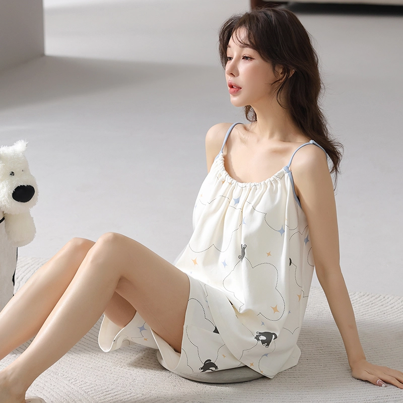 怀尔蔚 可外穿舒适薄款圆领无袖吊带上衣家居服三分裤睡衣套装 女款