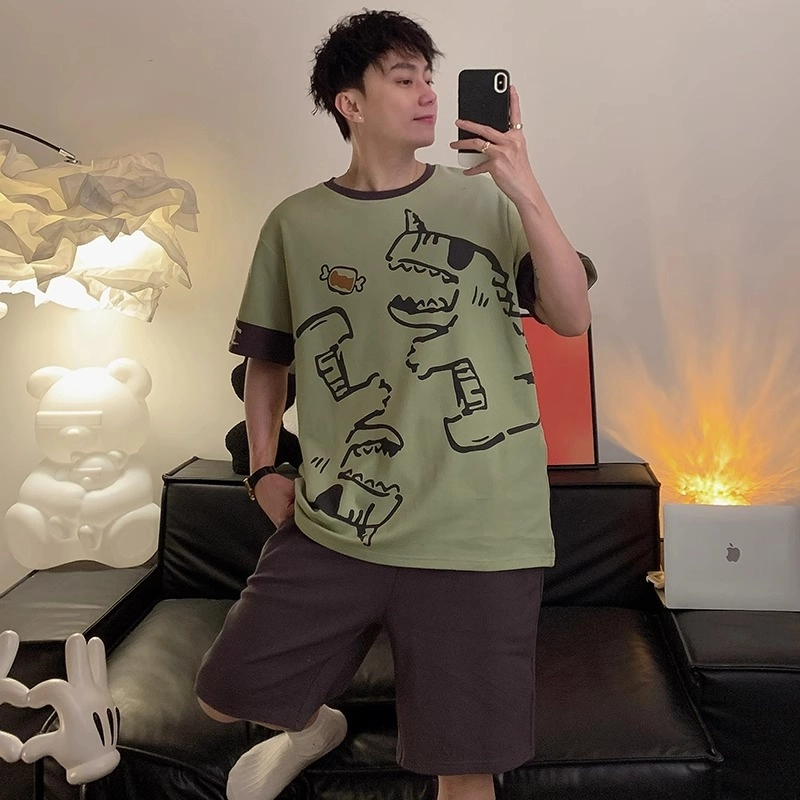 怀尔蔚 时尚卡通恐龙印花圆领套头短袖上衣纯色简约亲肤舒适可外穿家居短裤睡衣套装 男款 绿色