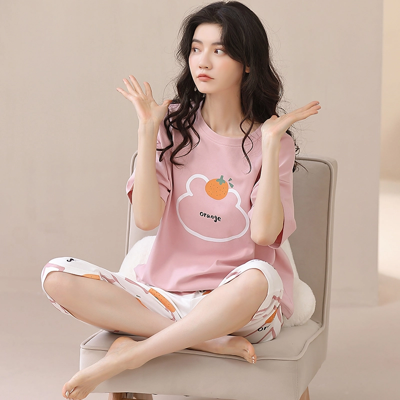 怀尔蔚 可外穿薄款舒适短袖上衣家居服七分裤睡衣套装 女款 图片色