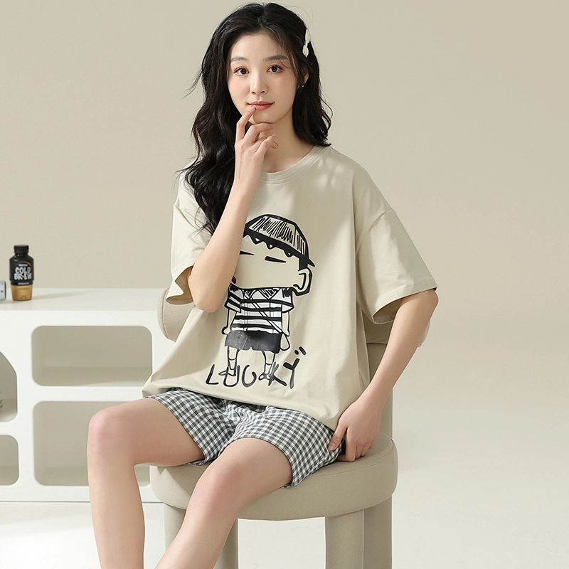怀尔蔚 卡通印花休闲短袖薄款透气短裤睡衣套装 女款 图色