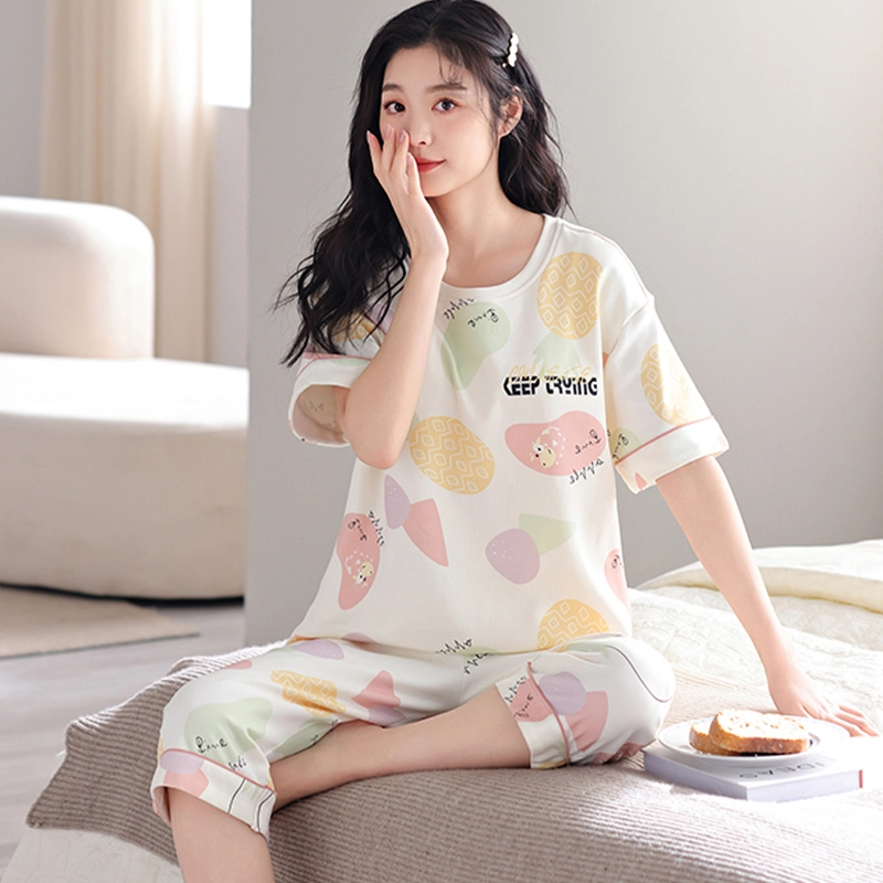 怀尔蔚 可爱卡通印花休闲薄款透气短袖七分裤睡衣套装 女款 图色