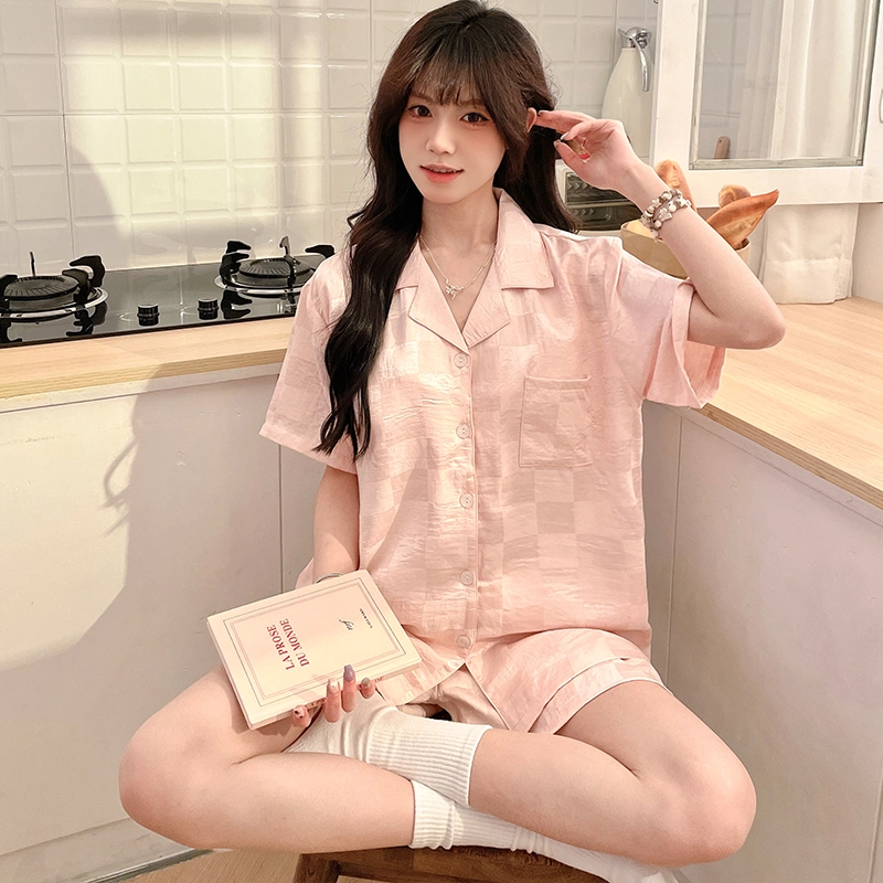 怀尔蔚 格子印花短袖上衣休闲薄款透气三分裤睡衣套装 女款 图片色