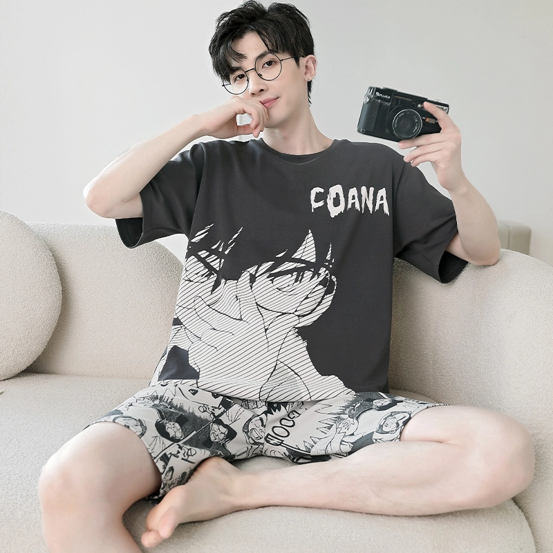 怀尔蔚 可爱小恐龙印花圆领套头短袖睡衣套装 男款 绿色