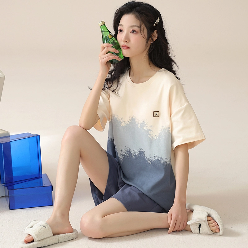 怀尔蔚 渐变撞色印花休闲短袖薄款透气亲肤短裤睡衣套装 女款 图色