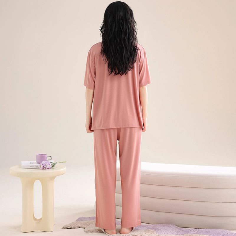 怀尔蔚 纯色舒适透气凉感短袖上衣家居服可外穿长裤睡衣套装 女款 图片色