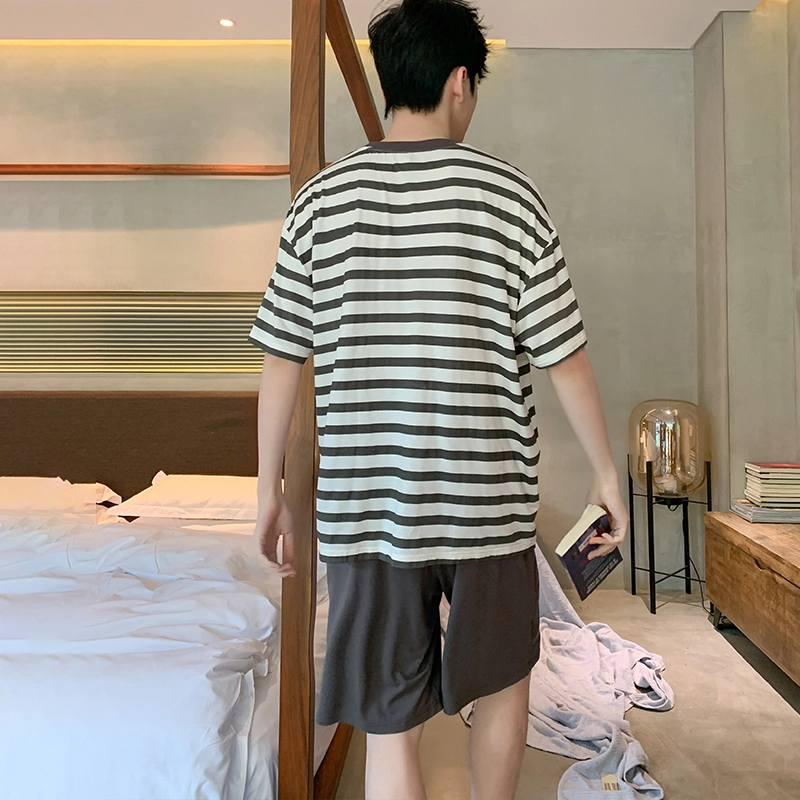 怀尔蔚 夏季时尚个性条纹印花亲肤圆领套头短袖上衣纯色休闲简约舒适可外穿家居服短裤睡衣套装 男款 黑色
