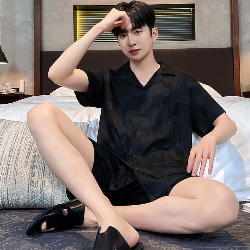 怀尔蔚 短袖短裤舒适薄款翻领纯色睡衣套装 男款