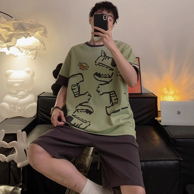 怀尔蔚 时尚卡通恐龙印花圆领套头短袖上衣纯色简约亲肤舒适可外穿家居短裤睡衣套装 男款 绿色