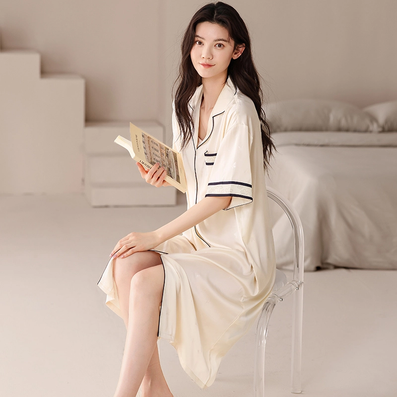 怀尔蔚 舒适薄款家居服翻领短袖睡裙 女款