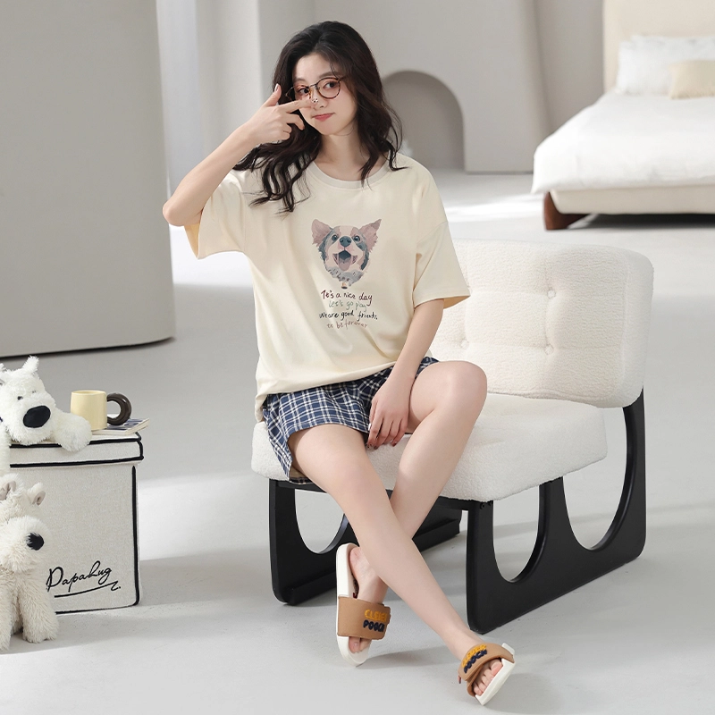 怀尔蔚 可外穿舒适薄款短袖上衣家居服格子三分裤睡衣套装 女款 图片色