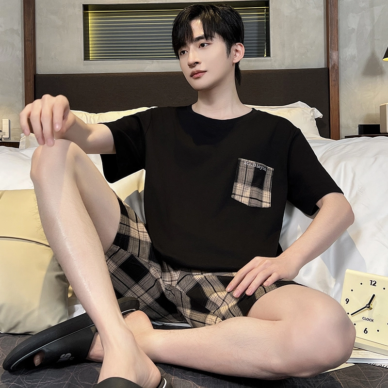怀尔蔚 简约个性条纹口袋短袖休闲舒适亲肤短裤睡衣套装 男款 黑色