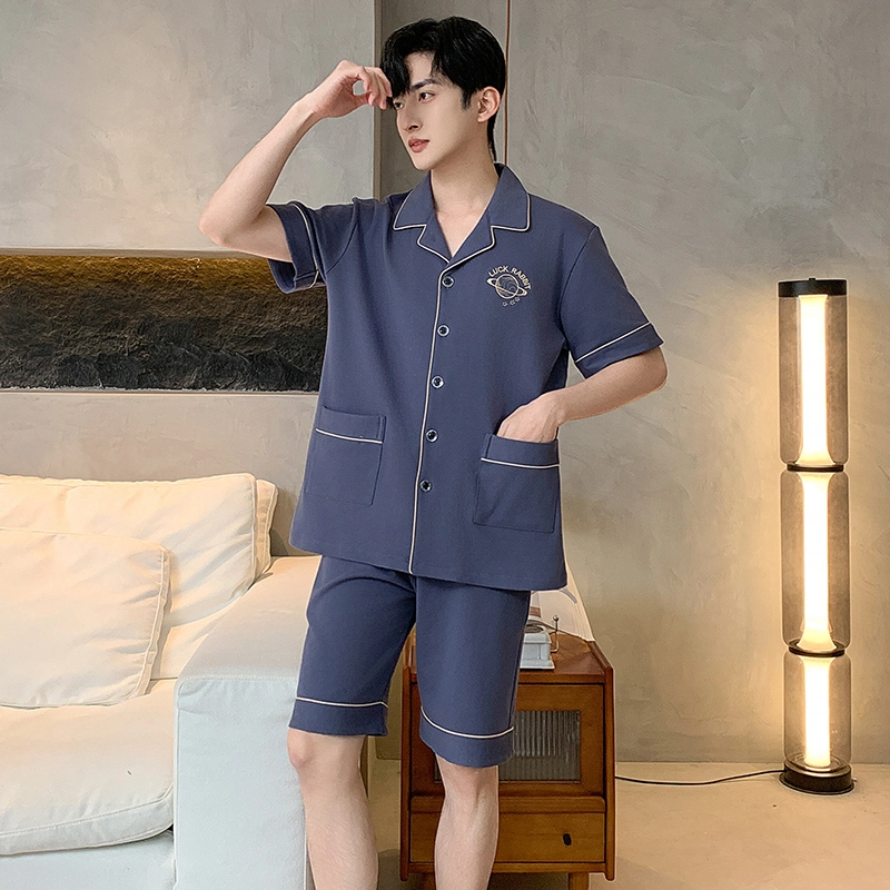 怀尔蔚 舒适翻领短袖上衣家居服可外穿五分裤睡衣套装 男款 图片色