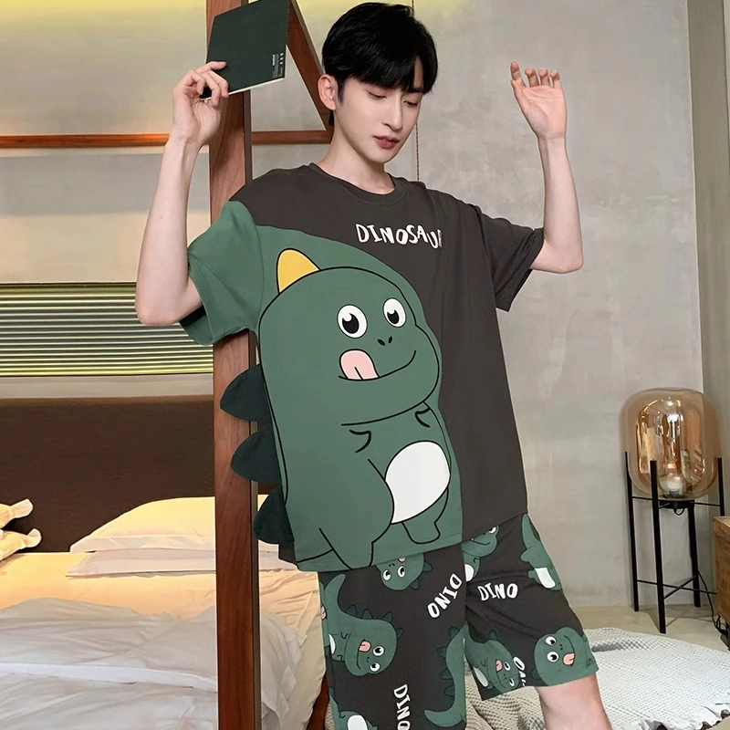 怀尔蔚 可爱小恐龙印花圆领套头短袖睡衣套装 男款 绿色