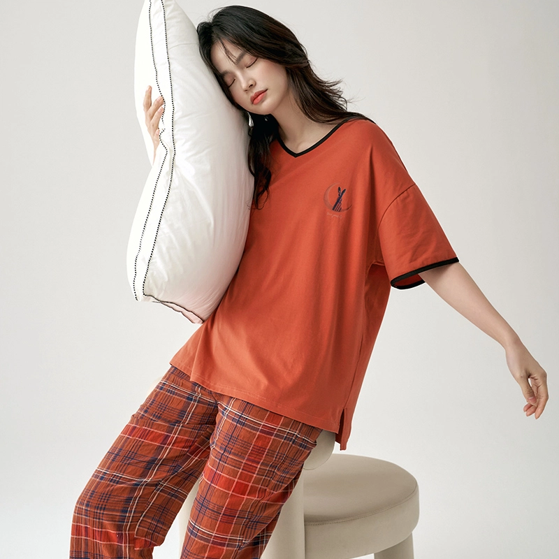 怀尔蔚 舒适透气休闲简约短袖长裤家居服睡衣套装 女款 图片色