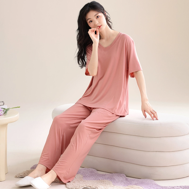 怀尔蔚 纯色舒适透气凉感短袖上衣家居服可外穿长裤睡衣套装 女款 图片色