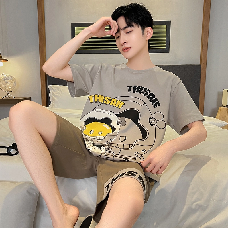 怀尔蔚 宽松休闲薄款透气圆领套头短袖松紧腰短裤睡衣套装 男款 图色