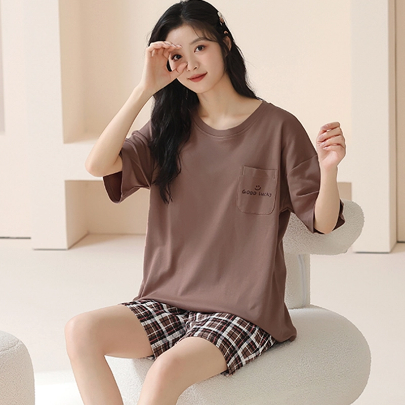 怀尔蔚 条纹休闲短袖薄款透气短裤睡衣套装 女款