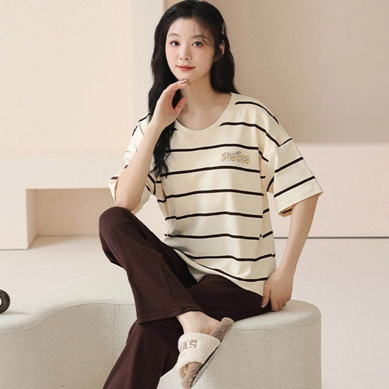 怀尔蔚 拼色条纹休闲薄款透气短袖上衣松紧腰长裤睡衣套装 女款 杏色