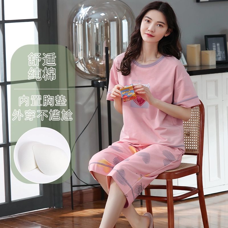 怀尔蔚 百搭甜美带胸垫可外穿舒适薄款短袖三分裤睡衣套装 女款