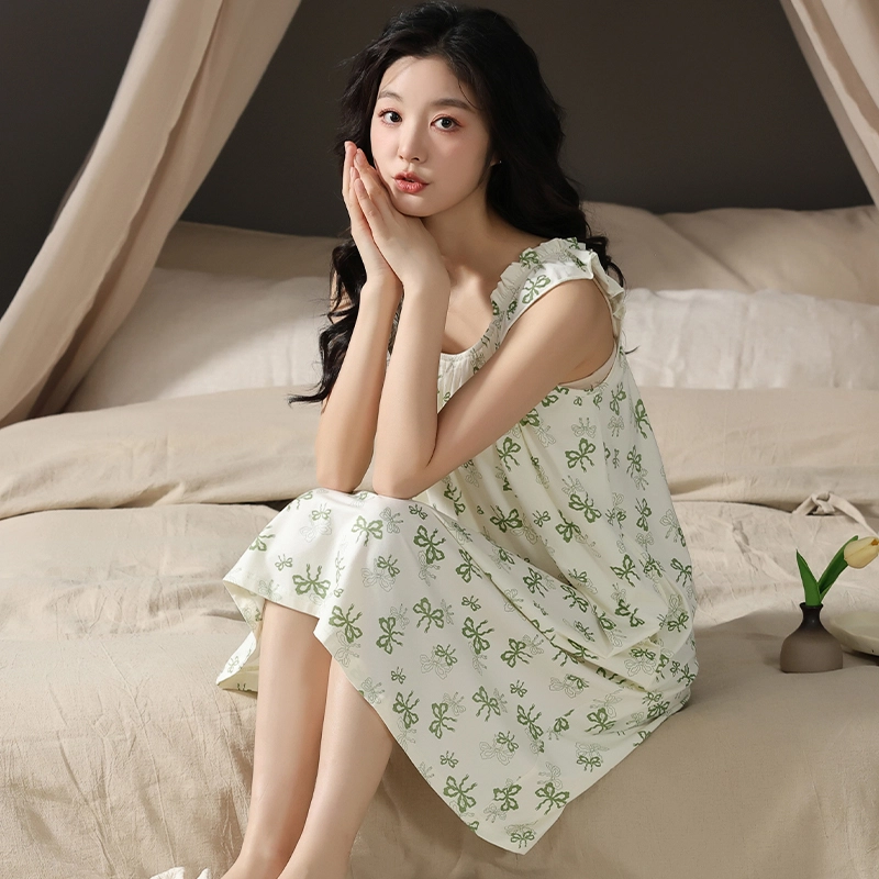 怀尔蔚 甜美宽松休闲薄款透气圆领套头家居服睡裙 女款 米黄色