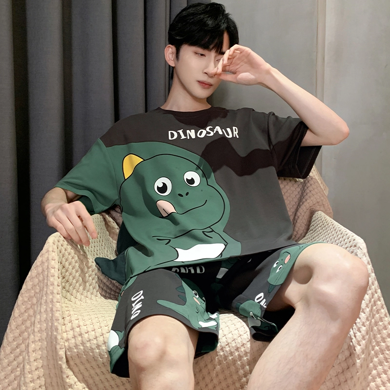 怀尔蔚 可爱小恐龙印花圆领套头短袖睡衣套装 男款 绿色