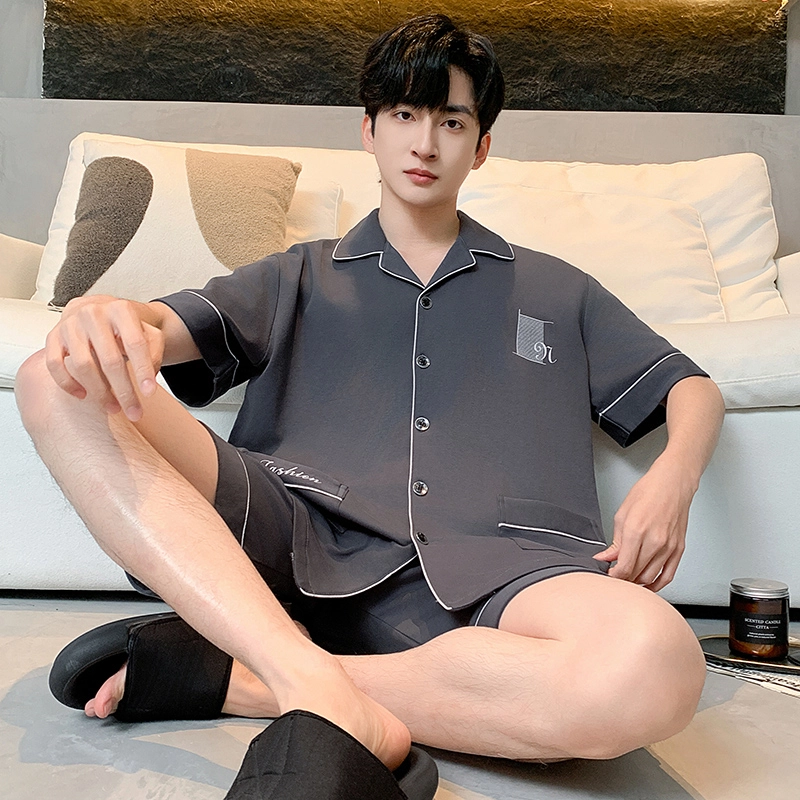 怀尔蔚 纯色翻领短袖上衣家居服可外穿舒适五分裤睡衣套装 男款 图片色