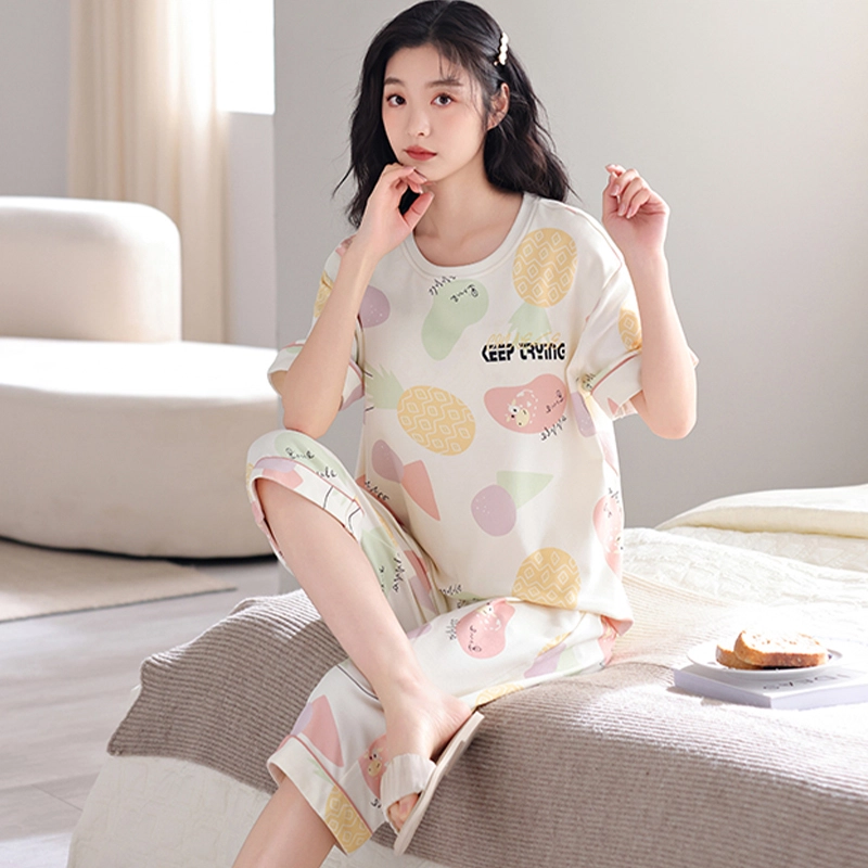 怀尔蔚 可爱卡通印花休闲薄款透气短袖七分裤睡衣套装 女款 图色