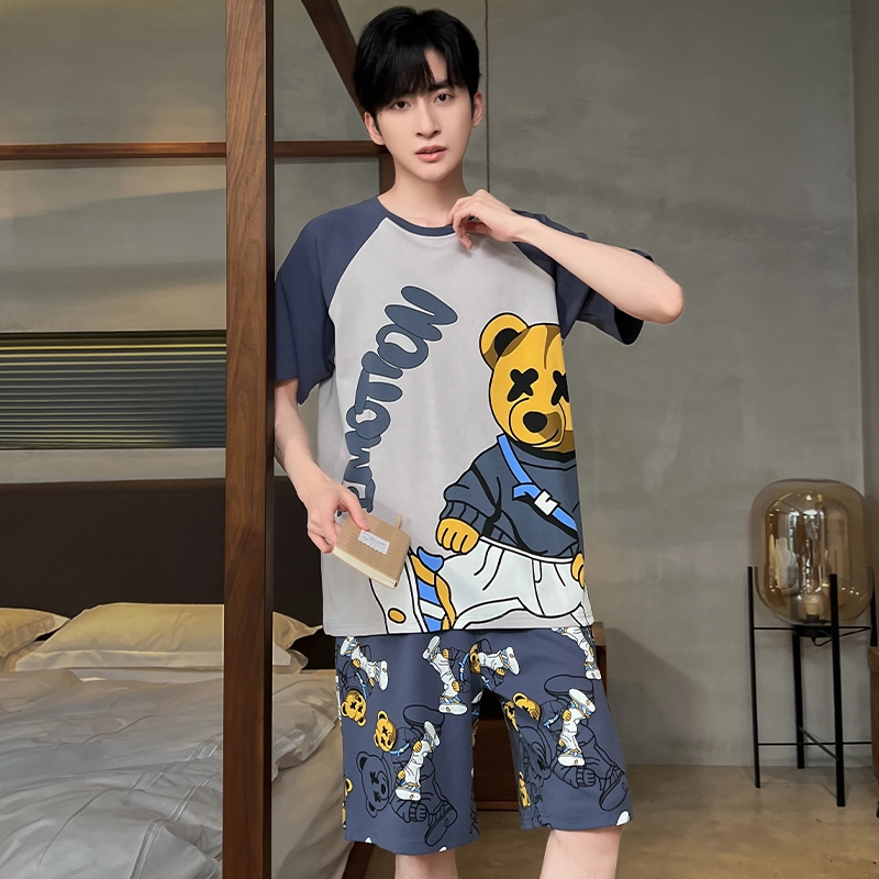 怀尔蔚 可爱小恐龙印花圆领套头短袖睡衣套装 男款 绿色