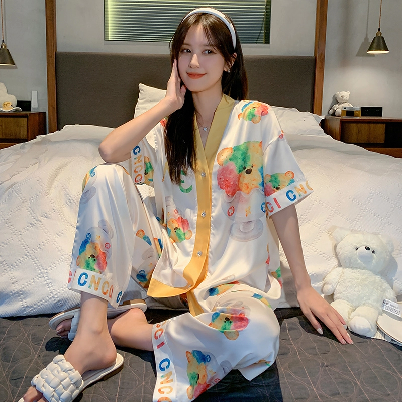 怀尔蔚 甜美卡通印花宽松休闲薄款透气短袖上衣松紧短裤长裤睡衣套装 女款 图片色