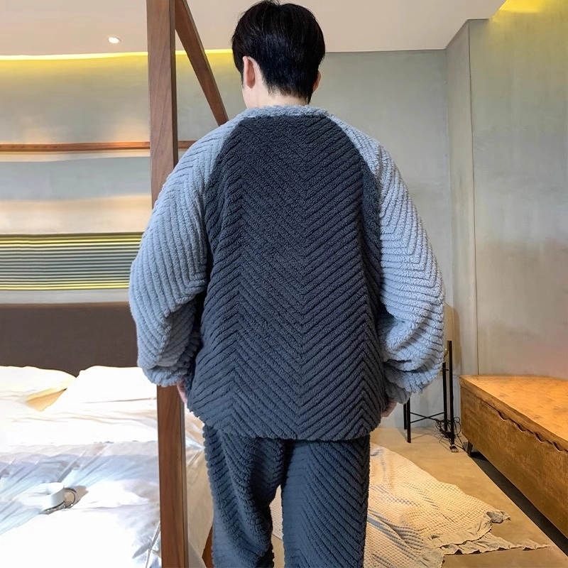 怀尔蔚 加绒加厚珊瑚绒长袖保暖可外穿法兰绒家居服睡衣套装 男款