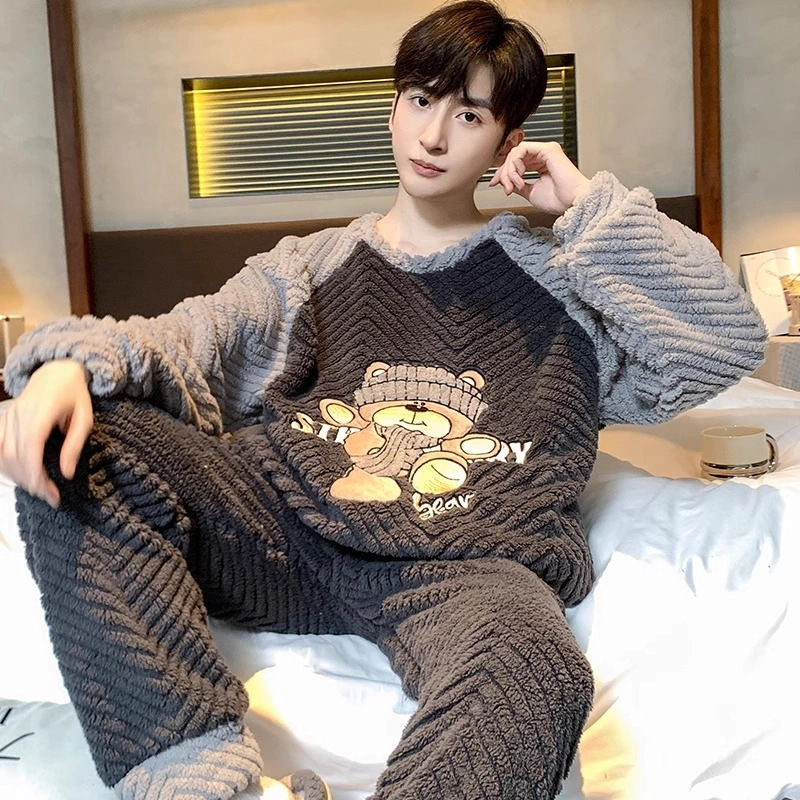 怀尔蔚 加绒加厚珊瑚绒长袖保暖可外穿法兰绒家居服睡衣套装 男款