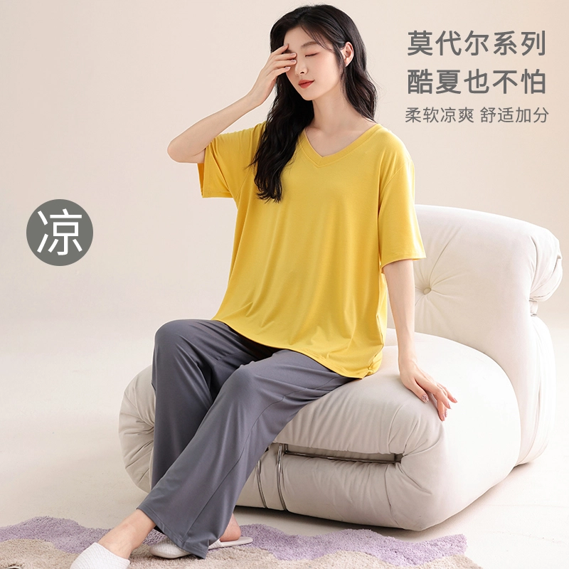怀尔蔚 舒适凉感透气短袖上衣家居服可外穿长裤睡衣套装 女款 图片色
