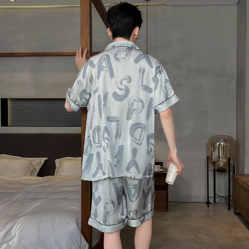 怀尔蔚 翻领单排扣休闲薄款透气短袖上衣松紧腰短裤睡衣套装 男款 浅灰