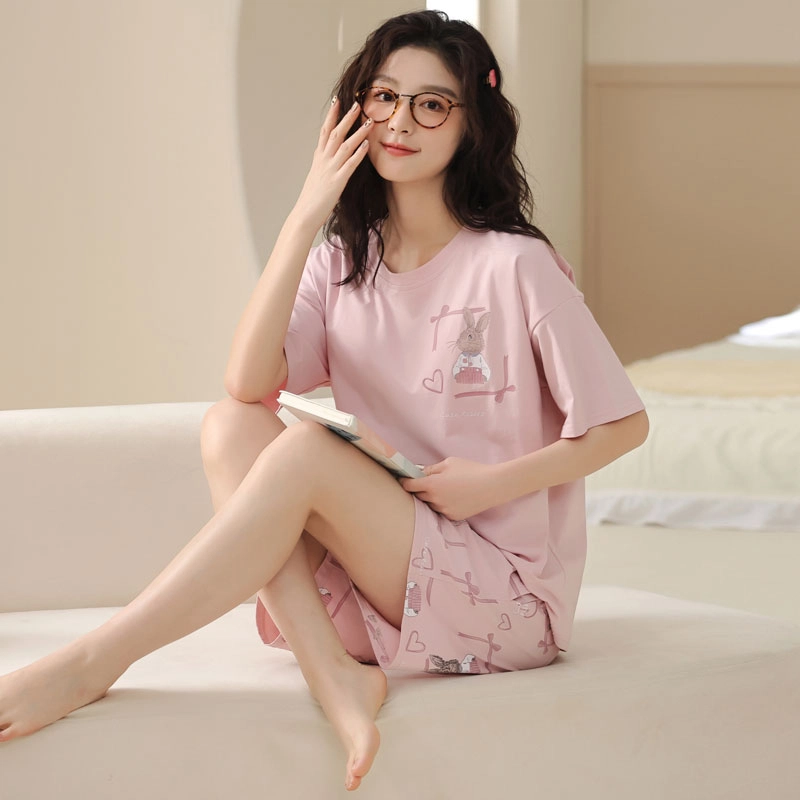 怀尔蔚 薄款可外穿舒适短袖上衣三分裤睡衣套装 女款