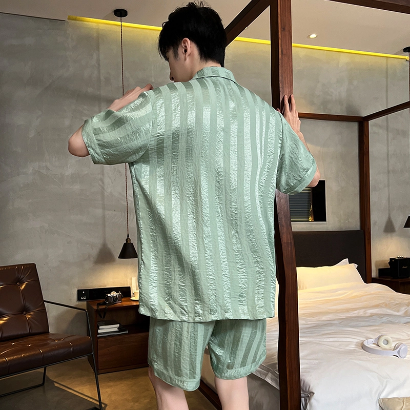 怀尔蔚 纯色条纹宽松休闲薄款透气短袖上衣睡衣套装 男款 绿色
