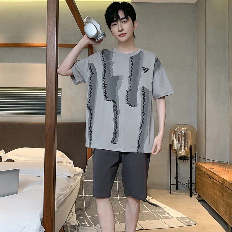 怀尔蔚 百搭圆领套头休闲薄款透气短袖松紧腰短裤睡衣套装 男款 浅灰