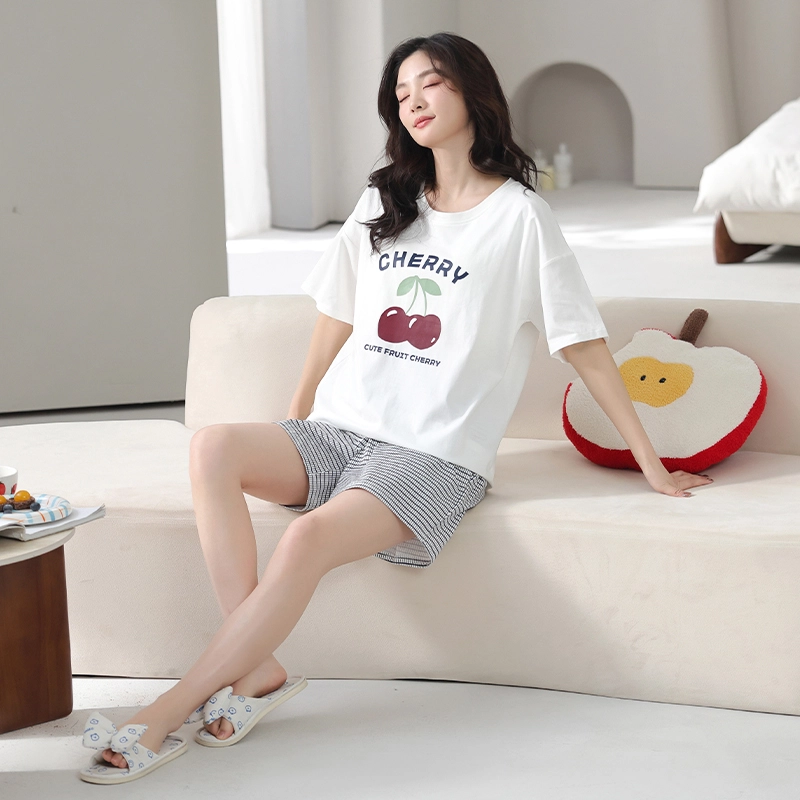 怀尔蔚 可外穿舒适短袖上衣家居服透气三分裤睡衣套装 女款 图片色